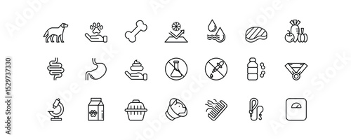 This editable stroke icon set features 21 clean and minimal line icons focused on pet treats and animal care. Including symbols of pet nutrition, digestion, hygiene, natural ingredients, lab testing.