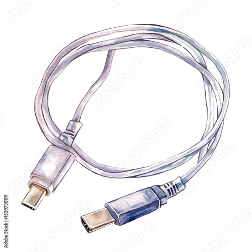 AUX Cable, watercolor illustration vector, high quality, isolated on a white background.