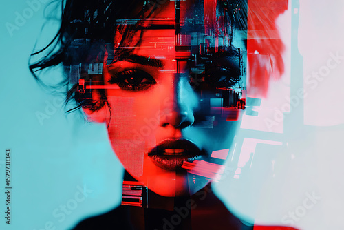 A woman's face split with red and blue lighting and geometric digital glitch effects over her skin