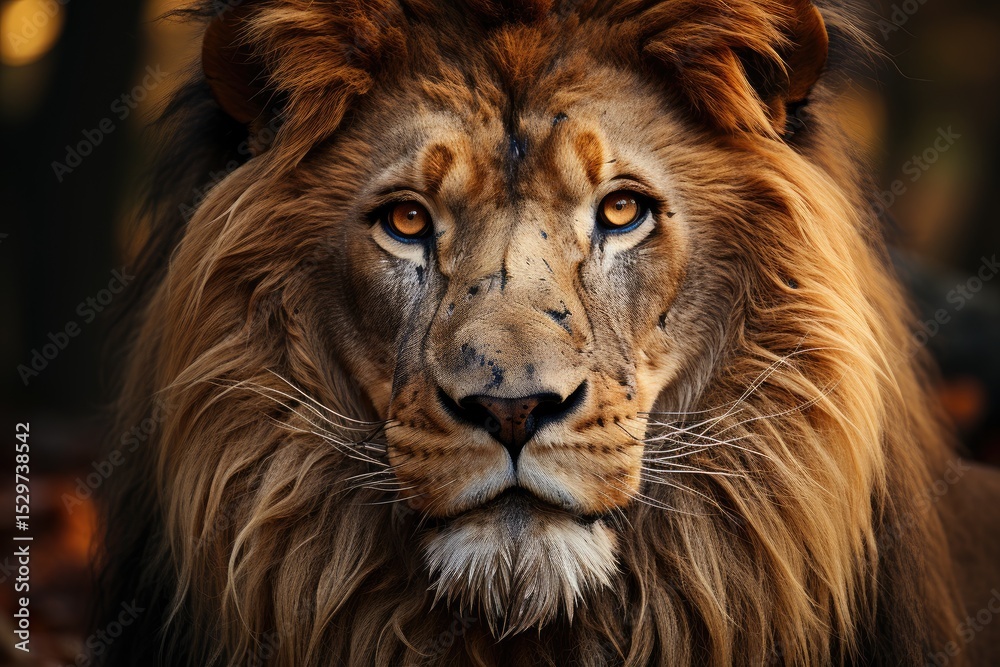 Fototapeta premium A powerful close-up of a lion's face, showcasing its magnificent mane and deep gaze, symbolizing strength and beauty in the wild landscape it inhabits.