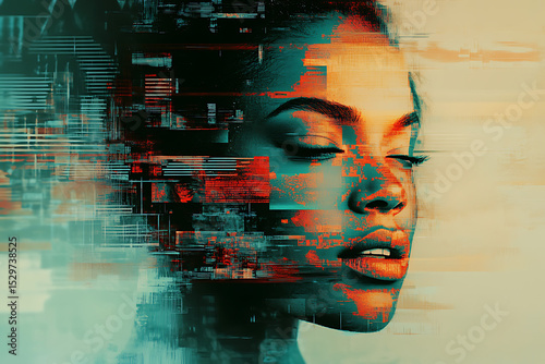 Abstract portrait of a woman with eyes closed and glitching textures on the left side of the face