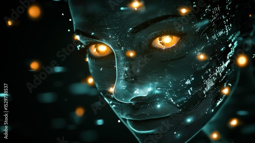 Glowing Points Form Face in Digital Art Virtual World Abstract Composition Futuristic Theme