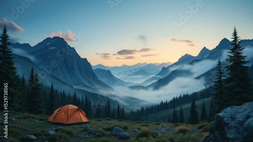 Camping Adventure: Orange Tent in Mountain Valley at Sunrise with Fog