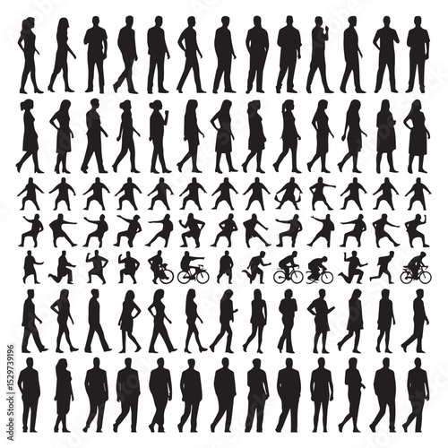 Large collection of black silhouettes people walking running poses