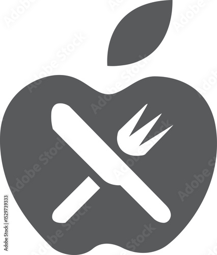 Healthy Eating Symbol: A minimalist grey icon presents an apple intertwined with a knife and fork, representing healthy eating habits and nutritional choices.