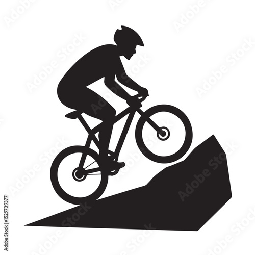Mountain Biker Climbing Steep Hill Silhouette on White Background