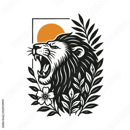 A bold graphic illustration of a roaring lion surrounded by stylized leaves and flowers