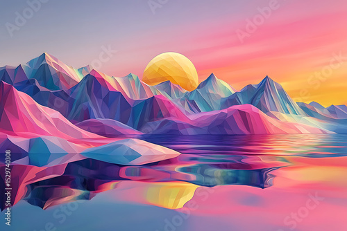 Colorful low poly mountains reflecting in water with a yellow sun in the background landscape