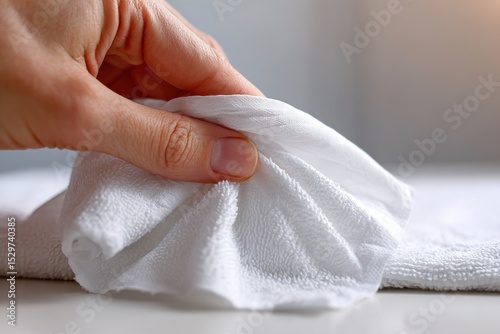 Hand cleaning surface with a white cloth during a bright morning at home for tidiness and hygiene