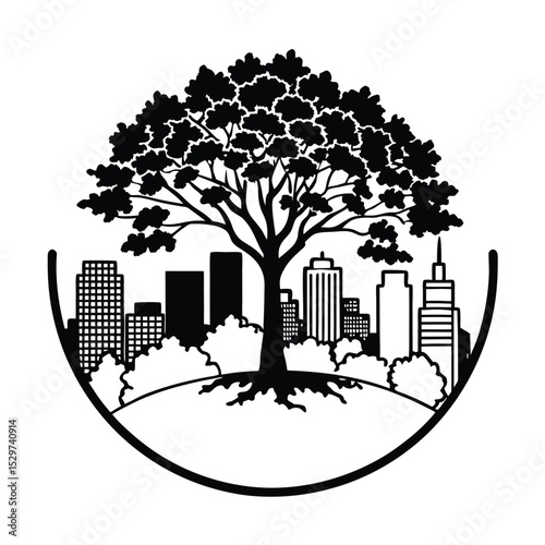 city skyline blending into treetop silhouette     .eps
