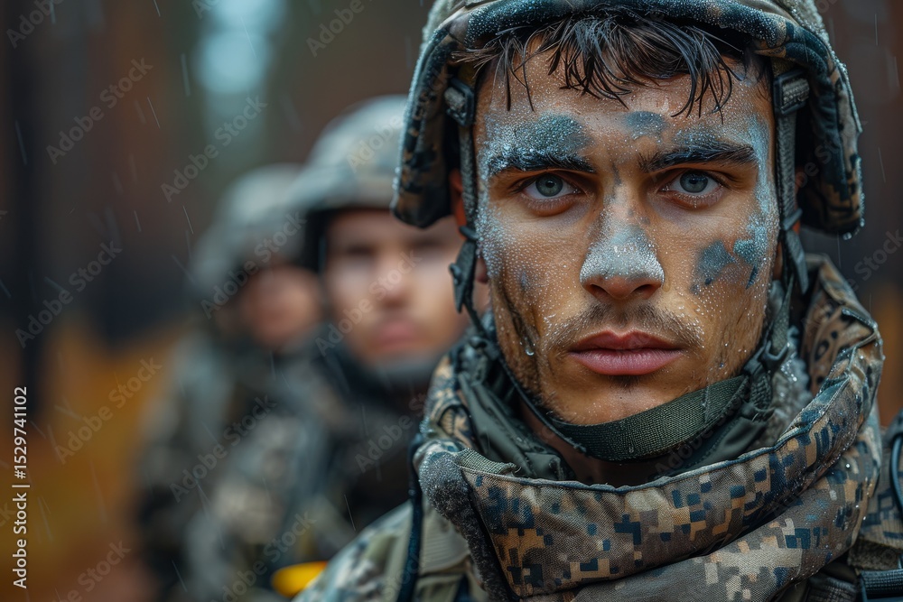 A soldier with camouflage painted on his face stands stoically in a rainy forest, embodying resilience, determination, and the spirit of bravery in tough conditions. A soldier with camouflage painted on his face stands stoically in a rainy forest, embodying resilience, determination, and the spirit of bravery in tough conditions.