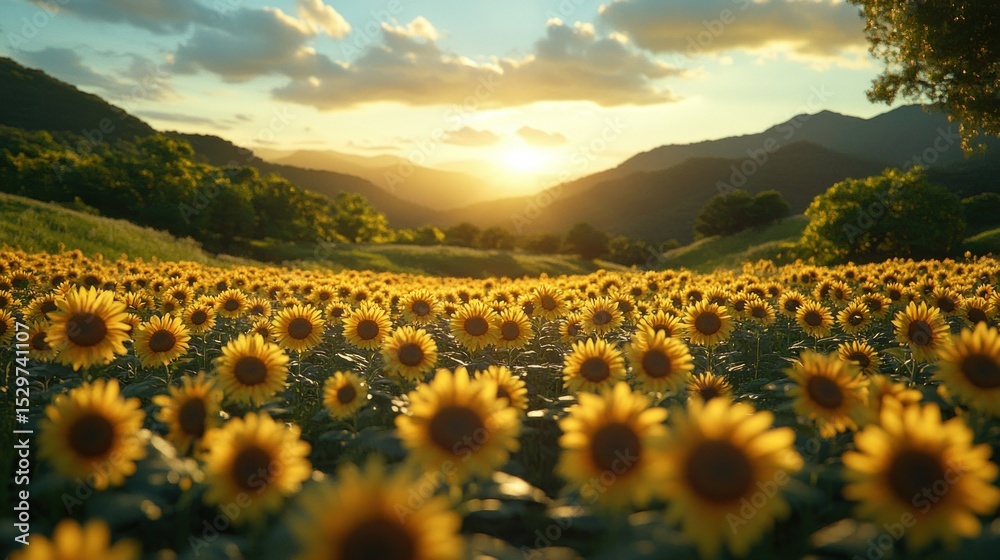 Fototapeta premium Sunflowers field at sunset, mountains in background