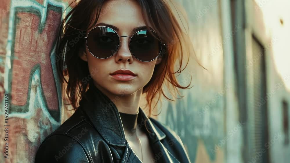 Woman with sunglasses on brick wall