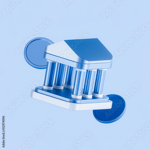 3D Bank Building Icon with Coin Elements