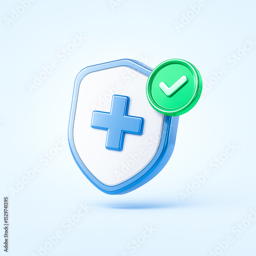 3D Health Shield Icon with Green Check Approval