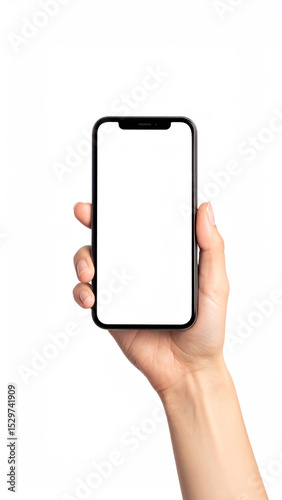 Woman hand holding smartphone with blank screen on white background