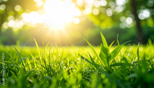 Green grass shining in warm sunset light in spring season