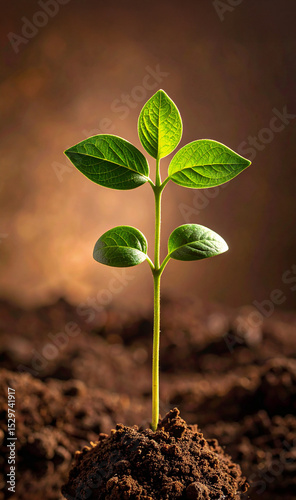 Small plant growing in fertile soil against brown background