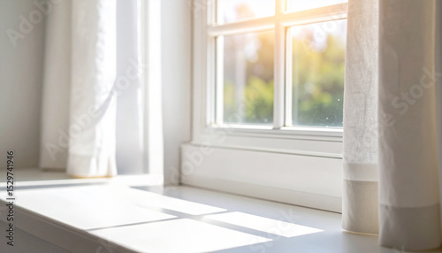 Sunlight shining through window and white curtains illuminating window sill