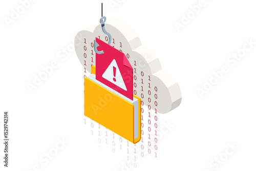 Isometric vector of a hooked login form pulled from an open yellow envelope by a fishhook, symbolizing hacker credential theft and deceptive phishing email. Phishing attack