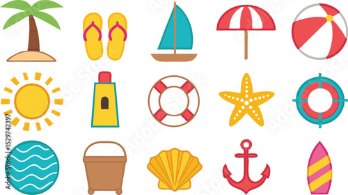 Minimalist Summer Beach Icon – Sun, Umbrella & Wave Vector