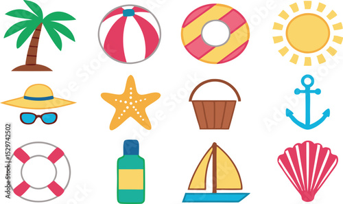 Minimalist Summer Beach Icon – Sun, Umbrella & Wave Vector