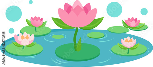 Flat Style Lotus Flowers and Lily Pads on Water - Cute Minimalist Illustration