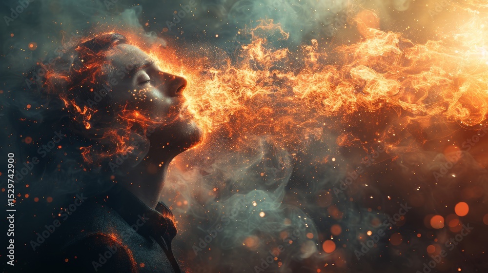 A mesmerizing portrait captures a person exhaling flames amidst swirling smoke, symbolizing intensity, passion, and the human experience of emotions transcending boundaries. A mesmerizing portrait captures a person exhaling flames amidst swirling smoke, symbolizing intensity, passion, and the human experience of emotions transcending boundaries.