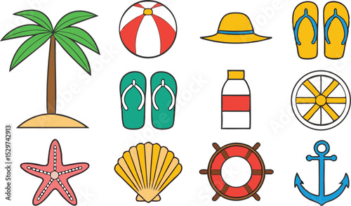 Minimalist Summer Beach Icon – Sun, Umbrella & Wave Vector