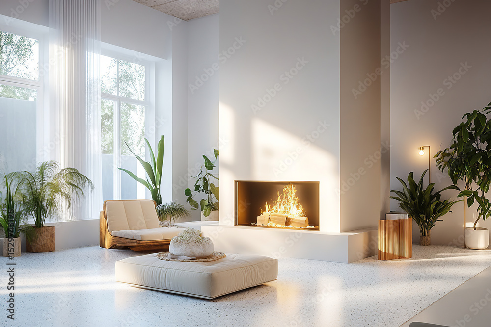 Fototapeta premium Modern and bright living room with minimalist fireplace. Contemporary design with plants and natural light.