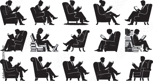 Black Silhouettes People Reading Books Armchairs white