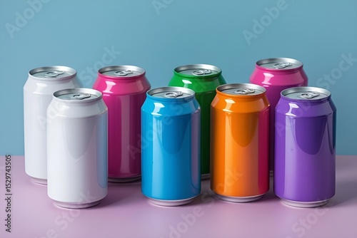 Colorful Soda Cans on Pastel Blue Background – Vibrant Beverage Can Design Display