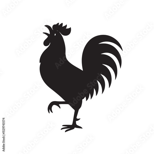 Silhouette of Rooster Crowing with Raised Leg and Tail Feathers
