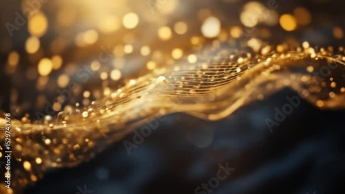 Golden Abstract Mesh Flowing with Bokeh Lights on Dark Background Video