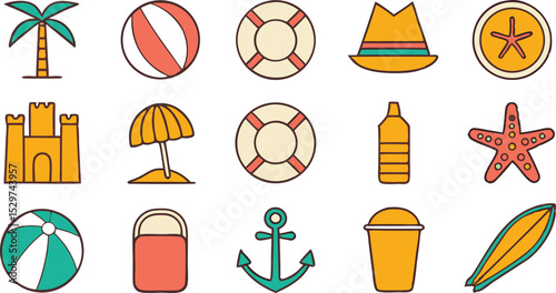 Minimalist Summer Beach Icon – Sun, Umbrella & Wave Vector