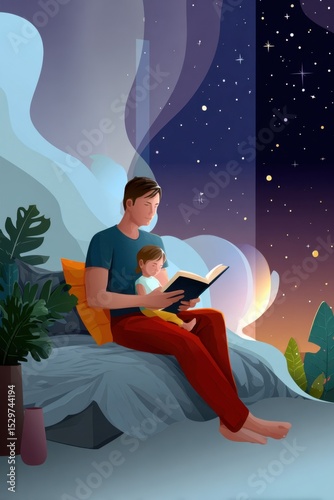 Flat vector illustration of dad reading bedtime story, cozy atmosphere