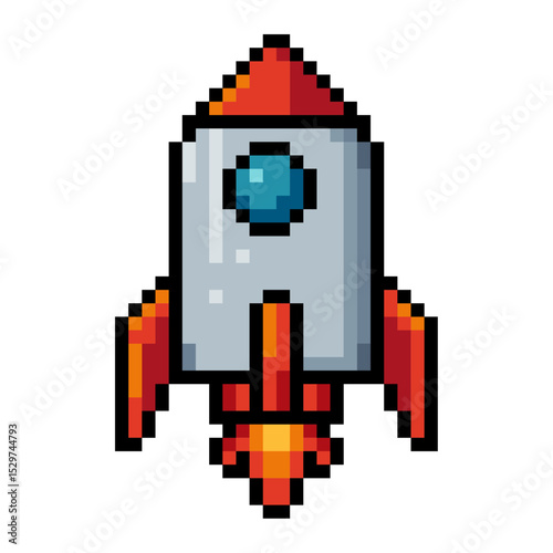 pixel art Icon vibrant and detailed illustration of a rocket taking off, depicted in a classic retro video game style.
