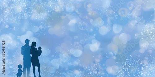 Gentle blue background with faint illustrations of family moments