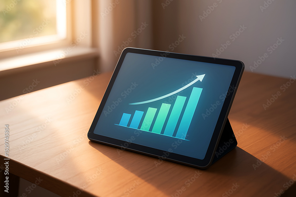 Fototapeta premium Tablet displaying upward trending bar graph