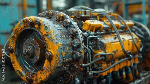 A striking close-up view of a heavy machinery engine, highlighting its intricate details and robust design, showcasing the raw power and complexity of industrial engineering.