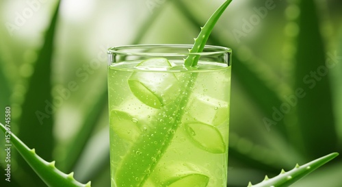 A refreshing aloe vera drink with ice cubes in a glass with blurred green background leaves around it