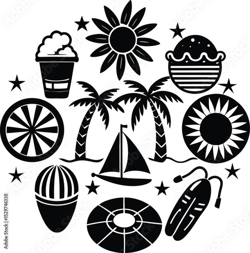 Minimalist Summer Beach Icon – Sun, Umbrella & Wave Vector