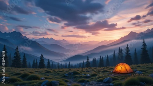 Illuminated Tent in Mountainous Landscape at Sunset, Peaceful Camping Scene