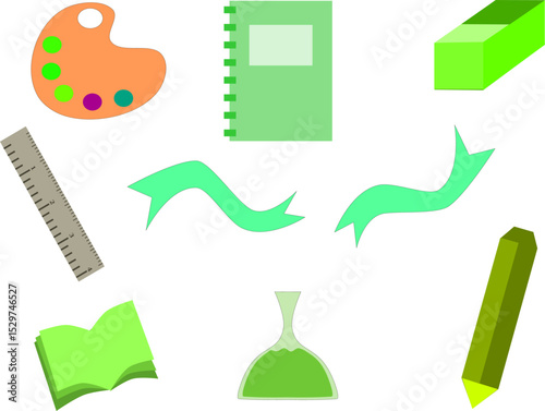 A set of Back-to-school vector illustration featuring school supplies like books, backpacks, pencils, and more. 