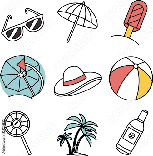Minimalist Summer Beach Icon – Sun, Umbrella & Wave Vector