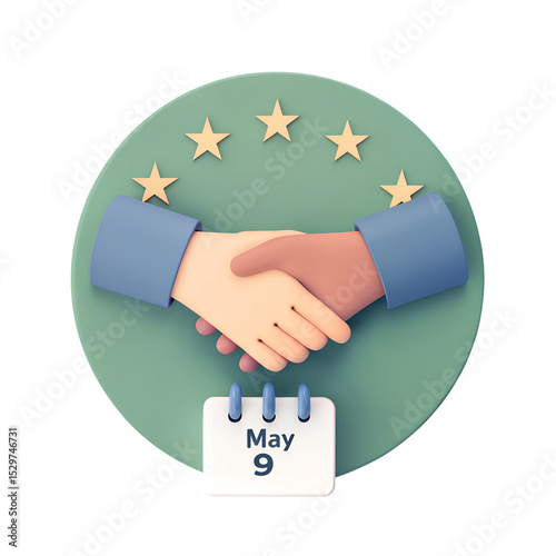 EU flag, stars in a circle, handshake, and May 9 calendar, diplomatic vector celebration