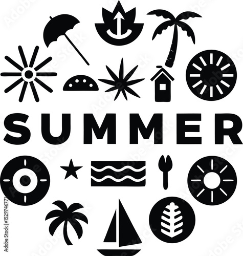 Minimalist Summer Beach Icon – Sun, Umbrella & Wave Vector