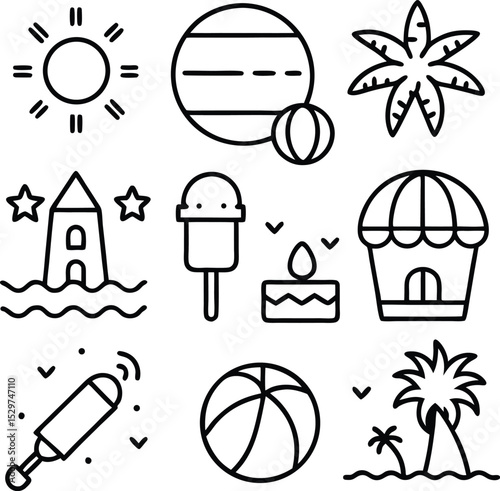 Minimalist Summer Beach Icon – Sun, Umbrella & Wave Vector