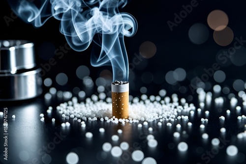 Close-Up Photorealistic Cigarette with Smoke and Sparkling Particles in Dark Bokeh Background