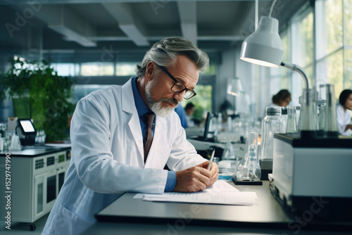 Wallpaper Mural This image depicts a focused scientist in a lab coat writing in a laboratory filled with glassware, emphasizing dedication, research, and the pursuit of scientific knowledge. Torontodigital.ca
